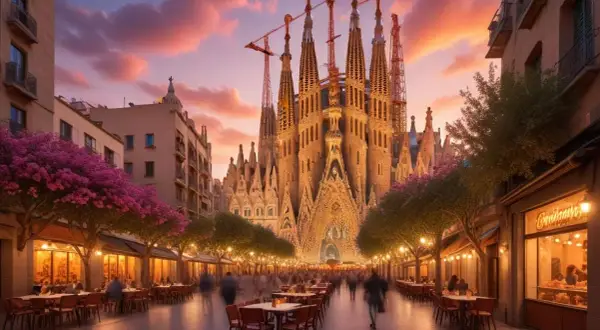 En magisk kväll i Barcelona december. Sagrada Familia lyser upp en livlig gata med uteserveringar och rosa träd.