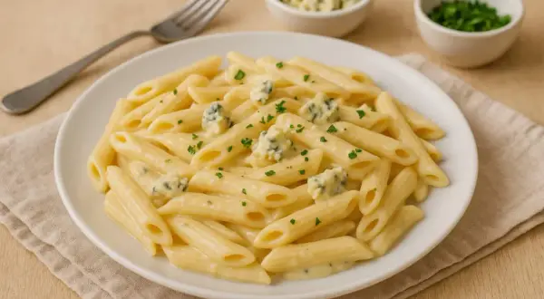 Penne w kremowym sosie z gorgonzolą i mascarpone, posypane natką pietruszki. Idealne danie dla miłośników serowych smaków.