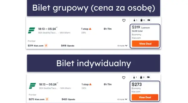 Tanie loty z Kiwi.com: grupowe za $319/os. i indywidualne za $273. Loty z Seattle do Miami z 1 przesiadką.