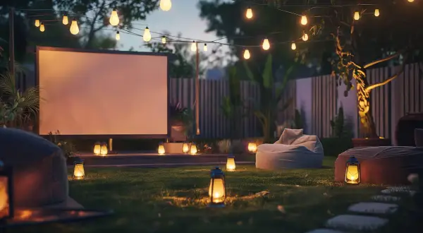 Magiczne kino letnie w ogrodzie. Ekran, wygodne pufy i lampiony tworzą przytulną atmosferę.