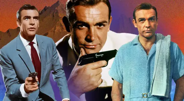 Sean Connery in drei Posen im James Bond Stil: im Anzug mit Waffe, im Bademantel und im Nahaufnahme mit Waffe.