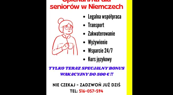 Praca w Niemczech z zakwaterowaniem i wyżywieniem dla opiekunów seniorów. Legalna współpraca, transport, wsparcie 24/7, kurs językowy. Bonus wakacyjny! Zadzwoń!