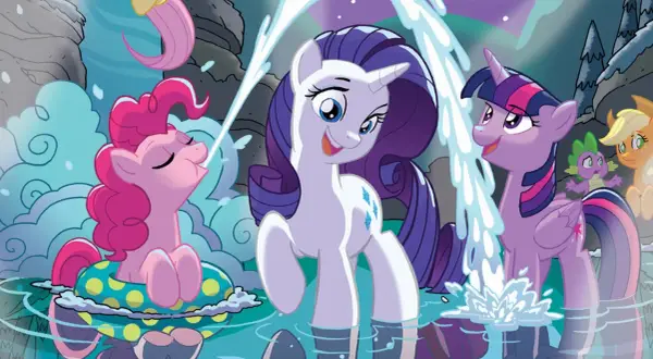 Różowe kucyki z My Little Pony testują wodę. Pinkie Pie w kółku, Rarity i Twilight Sparkle cieszą się orzeźwiającą kąpielą.
