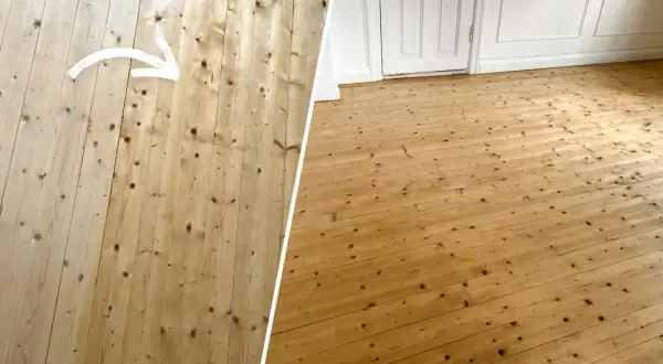 Före och efter-bild på ett trägolv som fått ny lack. Det gamla golvet var matt och slitet, men efter slipning och lackning är det nu blankt och vackert.