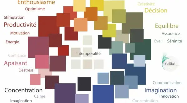 Palette de couleurs pour un bureau inspirant : enthousiasme, productivité, concentration, créativité, équilibre.