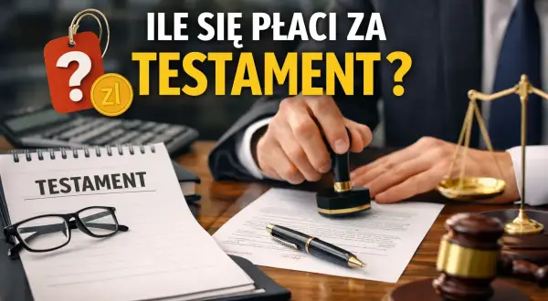 Ile kosztuje spisanie testamentu u notariusza? Na zdjęciu notariusz pieczętuje dokument, obok leżą okulary i notatnik z napisem "TESTAMENT".