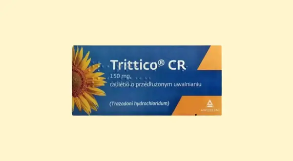 Opakowanie leku Trittico CR 150 mg z motywem słonecznika. Tabletki o przedłużonym uwalnianiu.