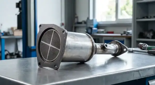 Filtr cząstek stałych (DPF) w warsztacie samochodowym. To kluczowy element układu wydechowego, który zatrzymuje sadzę.