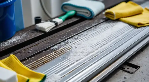 Biały proszek i akcesoria do czyszczenia, w tym szczotka i ściereczki, sugerują, czym wyczyścić aluminium.