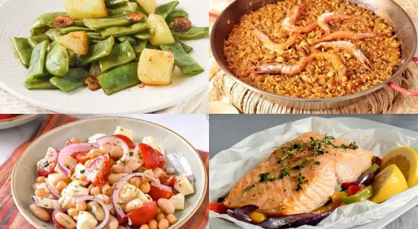 Cuatro deliciosas recetas para tu fin de semana: judías con patatas, paella, ensalada de legumbres y salmón al horno.