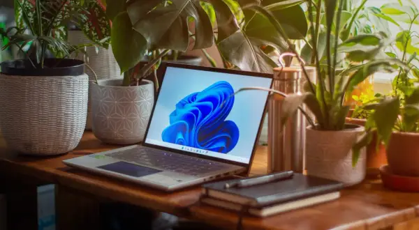 Laptop z systemem Windows 11 otoczony roślinami. Dowiedz się, jak zmienić administratora Windows 11, aby usprawnić zarządzanie kontami.