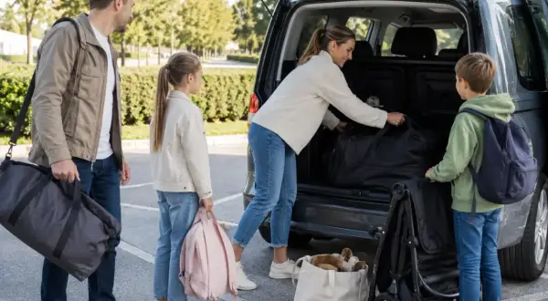Familjen packar sin caddy hybrid inför resan. Pappa bär en stor väska, medan barnen har ryggsäckar. Mamma lägger in mer bagage i bilen.
