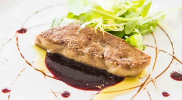 Tranche de foie gras poêlé, joliment assaisonné, servie avec une sauce aux fruits rouges et une salade verte croquante.