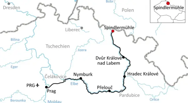Karte des Elberadwegs in Tschechien, von Prag über Hradec Králové nach Spindlermühle.