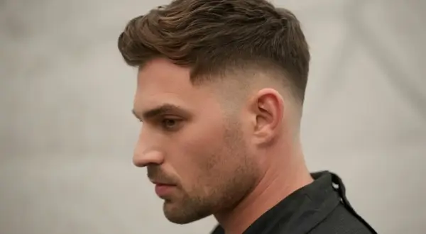 Un homme avec une coupe homme vers l'avant, dégradé sur les côtés. Cheveux bruns ondulés, barbe courte.