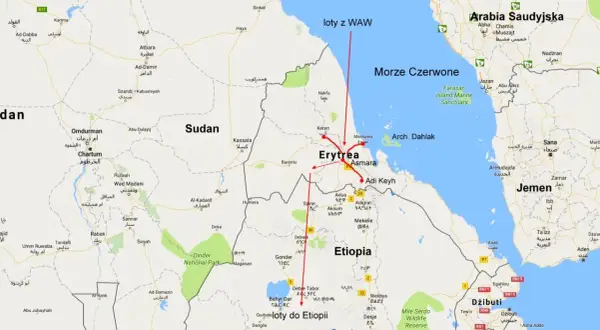 Mapa pokazuje, gdzie leży Erytrea, między Sudanem a Etiopią, nad Morzem Czerwonym. Zaznaczono loty z WAW do Etiopii.