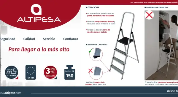 Escalera doméstica Altipesa con peldaños de tamaño adecuado para seguridad. Incluye información sobre colocación, estado de piezas y posturas correctas.