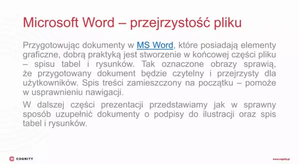 Tworzenie przejrzystych dokumentów w MS Word. Dobrą praktyką jest spis tabel i rysunków, co ułatwia nawigację.