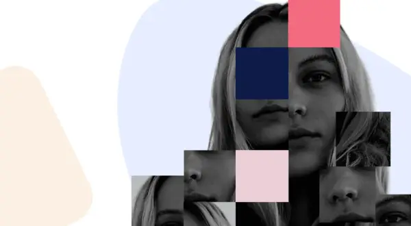 Fragmenty twarzy młodej kobiety układają się w mozaikę, symbolizując drogę do zrozumienia siebie, jak w psychoterapii humanistycznej.