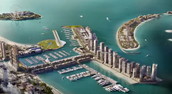 Luftaufnahme des Dubai Port mit Yachten, Hochhäusern, einer Promenade und einem Riesenrad.