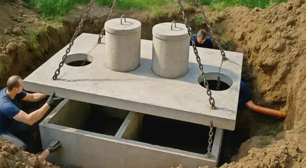 Montaż betonowego szamba. Dwóch mężczyzn pomaga opuścić ciężką płytę z dwoma kominami do wykopu.