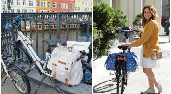 Dwie pary rowerów z sakwami: jedna z białym, wzorzystym bagażem, druga z niebieskimi w białe kropki. Idealne sakwy rowerowe na wycieczkę!