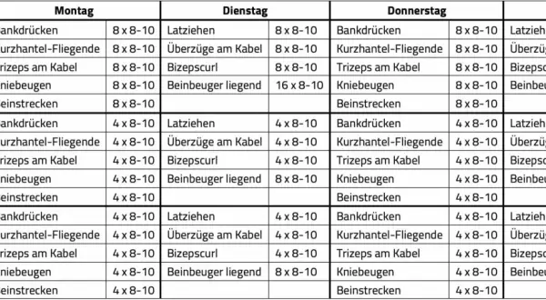 Trainingsplan für Gruppe 1 und 2, mit Übungen wie Bankdrücken und Kniebeugen, jeweils 2 Mal die Woche.