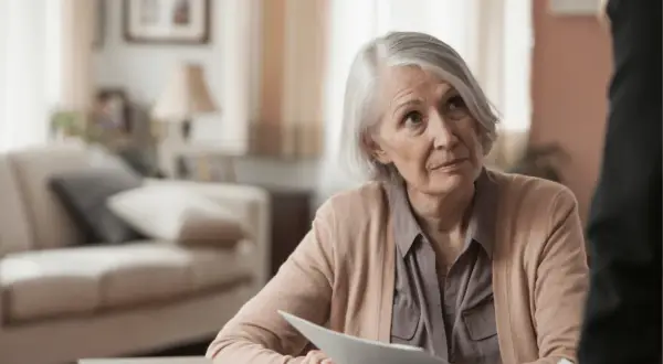 Une femme âgée, visiblement préoccupée, tient des documents. Elle pourrait être en train de discuter d'une plainte pour abus de faiblesse sur personne vulnérable.