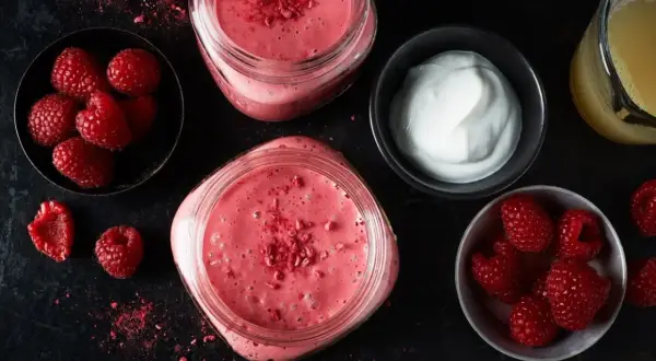 Två glas med en rosa, nyttig smoothie toppad med frystorkade hallon. Bredvid finns skålar med färska hallon och yoghurt, samt ett glas juice.