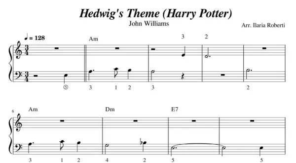 Nuty literowe Hedwig's Theme z Harry'ego Pottera, skomponowane przez Johna Williamsa.