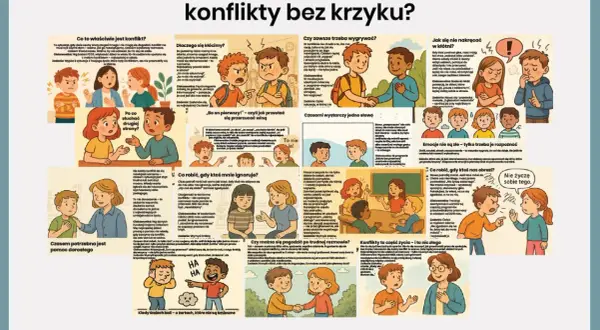 Ilustracje przedstawiają dzieci i młodzież w różnych sytuacjach konfliktowych, uczące się rozwiązywać problemy bez krzyku. Tematy tabu, takie jak kłótnie i obrażanie, są tu przedstawione w przystępny sposób.