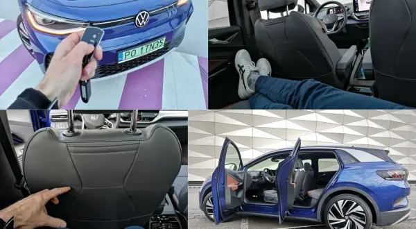 Kluczyk do **Volkswagen ID.4** w dłoni, wnętrze z wygodnymi fotelami i widok na tył samochodu z otwartymi drzwiami.