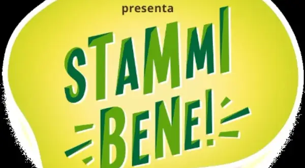 Logo giallo con scritta "presenta STAMM BENE!". Un augurio in napoletano per stare bene.