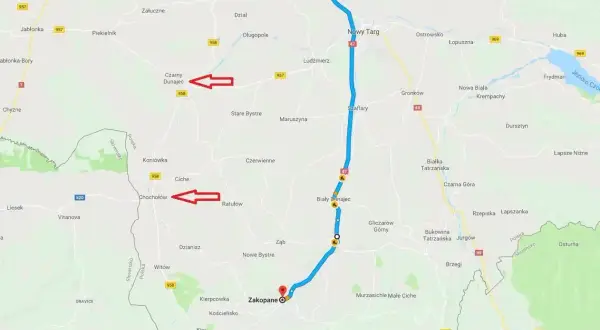 Trasa do Zakopanego przez Nowy Targ i Biały Dunajec. Warto rozważyć drogę przez Czarny Dunajec i Chochołów.