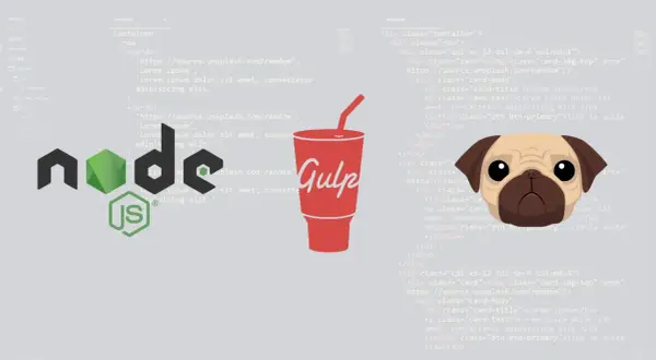 Un pug regarde du code Pug.js, une boisson "Gulp" et le logo Node.js.