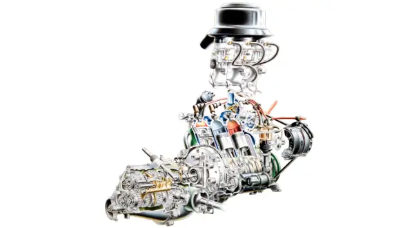Detaljerad illustration av en 3 cylindrig motor med förgasare och växellåda.