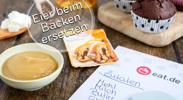 Apfelmus, Backpulver & Zutatenliste für backen ohne ei. Schokoladenmuffins sind bereit!