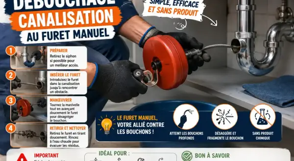 Utilisation d'un furet manuel pour débloquer un tuyau qui était obstrué. L'outil permet d'atteindre et de désagréger les bouchons.