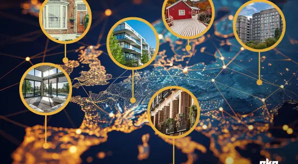 Różnorodne budynki na tle mapy Europy, ilustrujące izolacyjność akustyczną okien w różnych stylach architektonicznych.