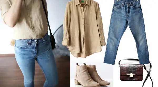 Klasyczne levis 501 stylizacje: beżowa koszula, jeansy, botki i torebka.