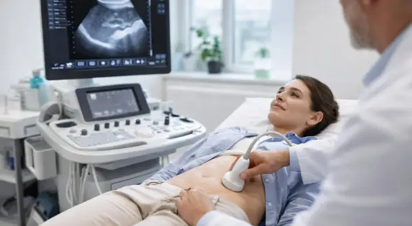 Lekarz wykonuje usg jamy brzusznej jelita u pacjentki leżącej na kozetce. Na monitorze widoczny obraz badania.