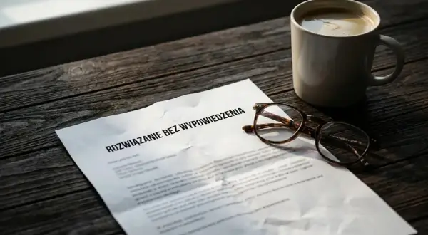 Dokument "Rozwiązanie bez wypowiedzenia" leży obok okularów i kawy. To może być zwolnienie dyscyplinarne.