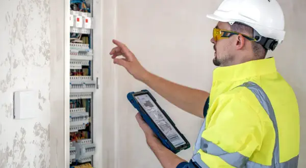 Elektryk w kamizelce odblaskowej sprawdza instalację w skrzynce z bezpiecznikami, analizując dane na tablecie. Szukasz informacji o wymiana skrzynki z bezpiecznikami cena?