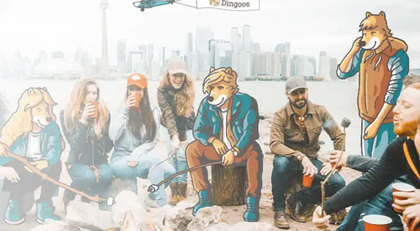 Amigos antropomórficos y humanos disfrutan de una fogata en Canadá, un intercambio cultural con el logo de "Dingoos".