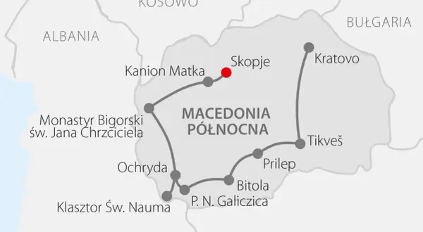 Mapa Północnej Macedonii z zaznaczonymi atrakcjami: Skopje, Kanion Matka, Ochryda, klasztory i parki narodowe. Idealna na **macedonia wakacje**.