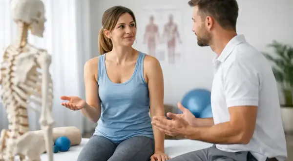 Frau spricht mit Physiotherapeut über ihre Beschwerden. Ein Skelettmodell steht im Hintergrund.