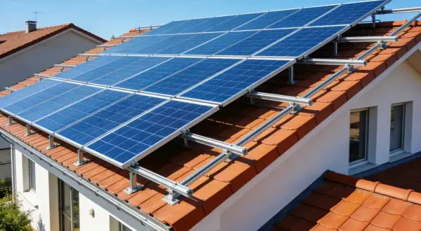 Instalacja off grid na dachu domu z niebieskimi panelami słonecznymi. Czerwona dachówka i błękitne niebo.