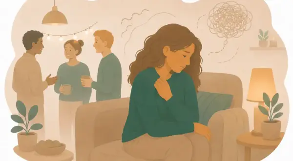 En kvinna känner sig ensam och orolig trots att andra umgås. En illustration som kan användas för ett social ångest test.