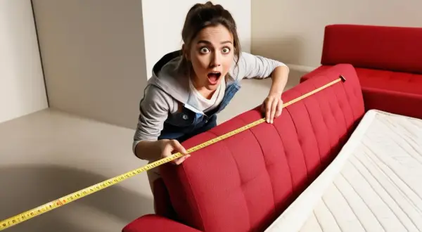 Sorpresa! Misurando le dimensioni del divano letto 3 posti, una ragazza scopre che è perfetto per il suo spazio.