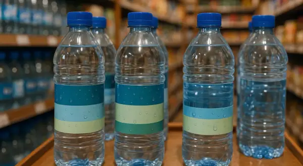 Bouteilles d'eau pure alignées, symboles d'une vie saine.